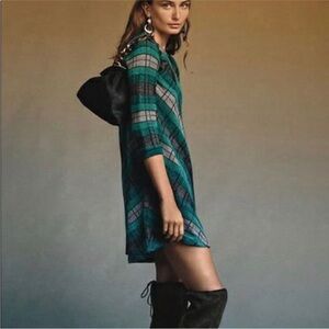 ANTHROPOLOGIE Aldomartins Plaid Knit Dress Wool Mohair Blend Green & Gray Small